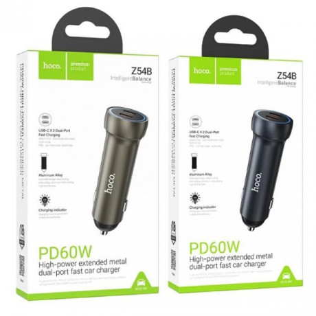 Автомобильное зарядное устройство HOCO Z54B 2PD 60W 2 Type-C USB-C серый металл