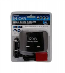 Разветвитель прикуривателя на 3 гнезда, 2 USB IN-CAR 1511 с проводом 120W  (1/30шт), шт